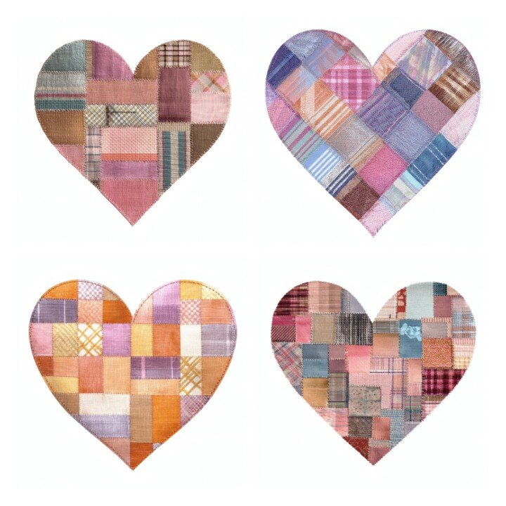 patchwork – 24 Patchwork Heart Clipart, Quilted Fabric Heart Ephemera, Cozy Autumn Scrapbook Embellishments, Junk Journal Digital Download