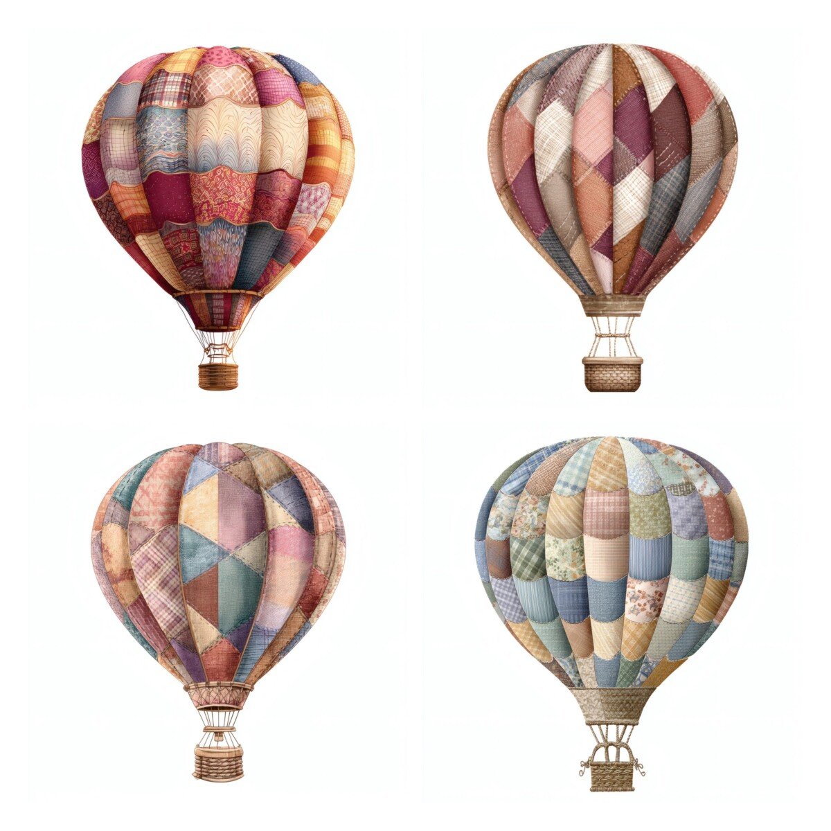 patchwork – 24 Patchwork Hot Air Balloon Clipart, Quilted Travel Ephemera, Autumn Scrapbook Embellishments, Junk Journal Digital Download