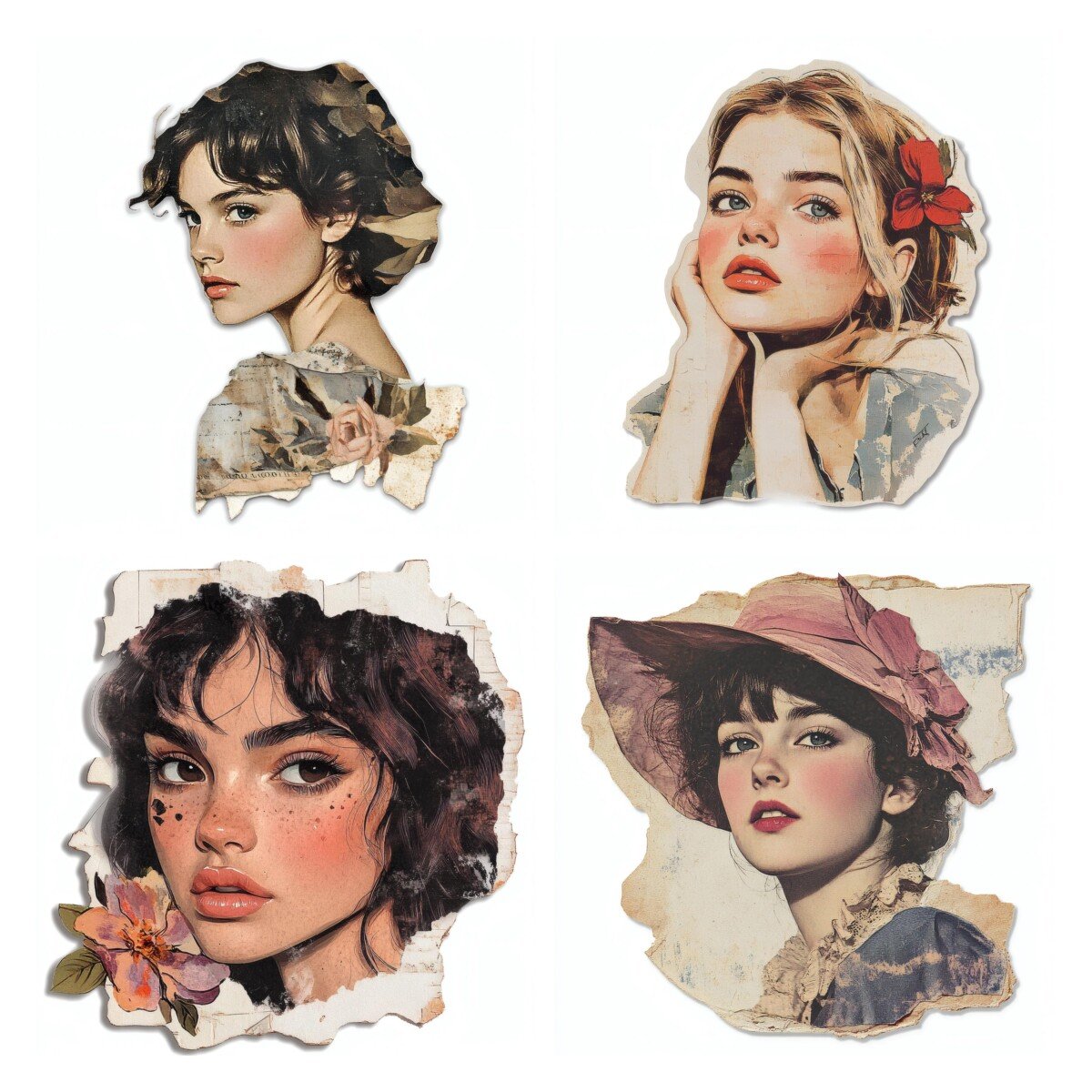 Vintage women portrait cutouts with flowers and softly aged paper edges