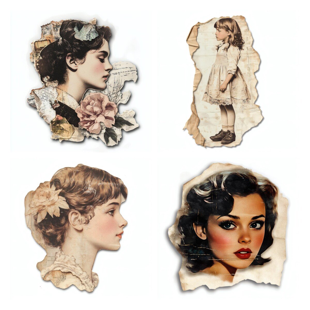 Vintage female portraits and a seated figure in a printable collage