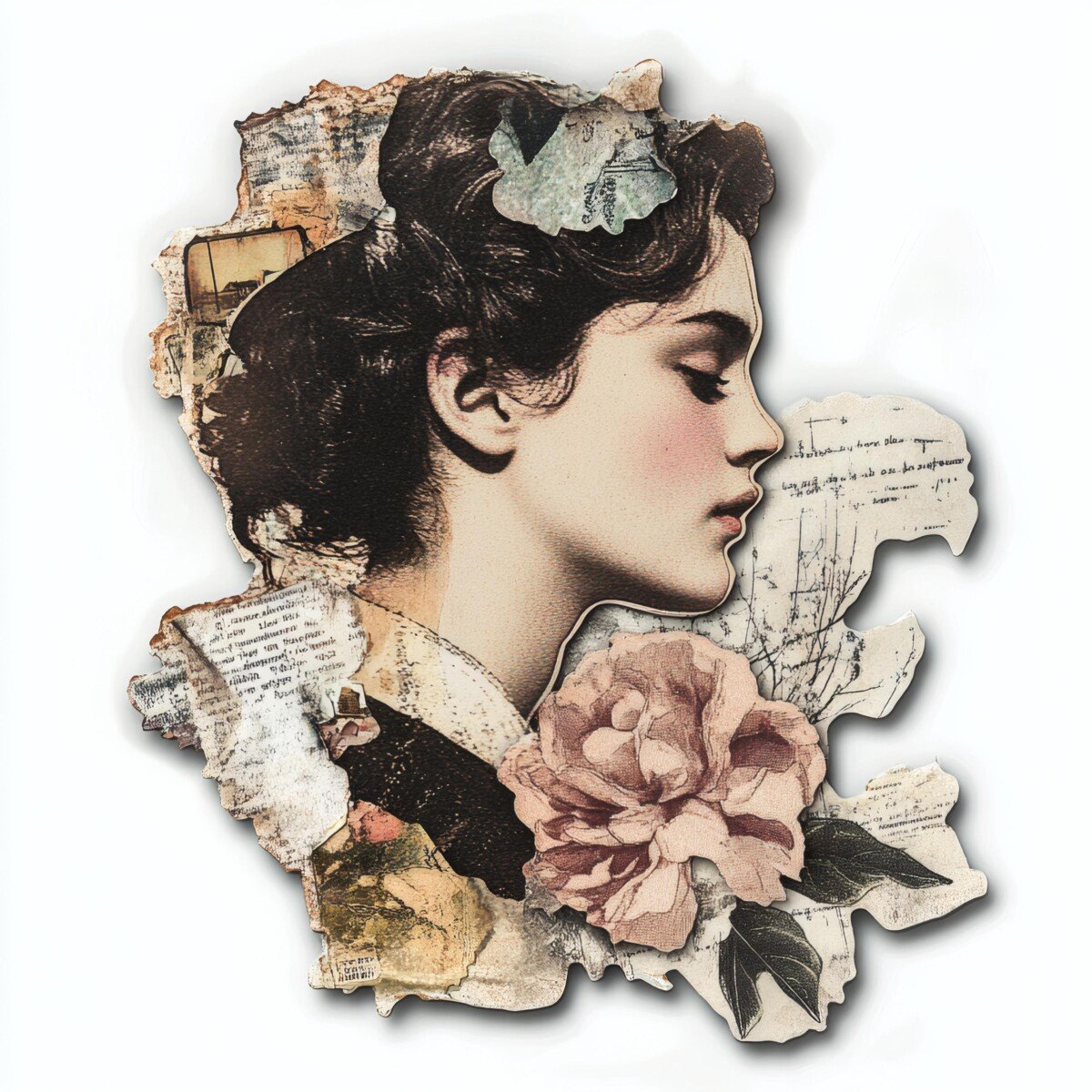 Woman in profile with a rose and handwritten paper collage