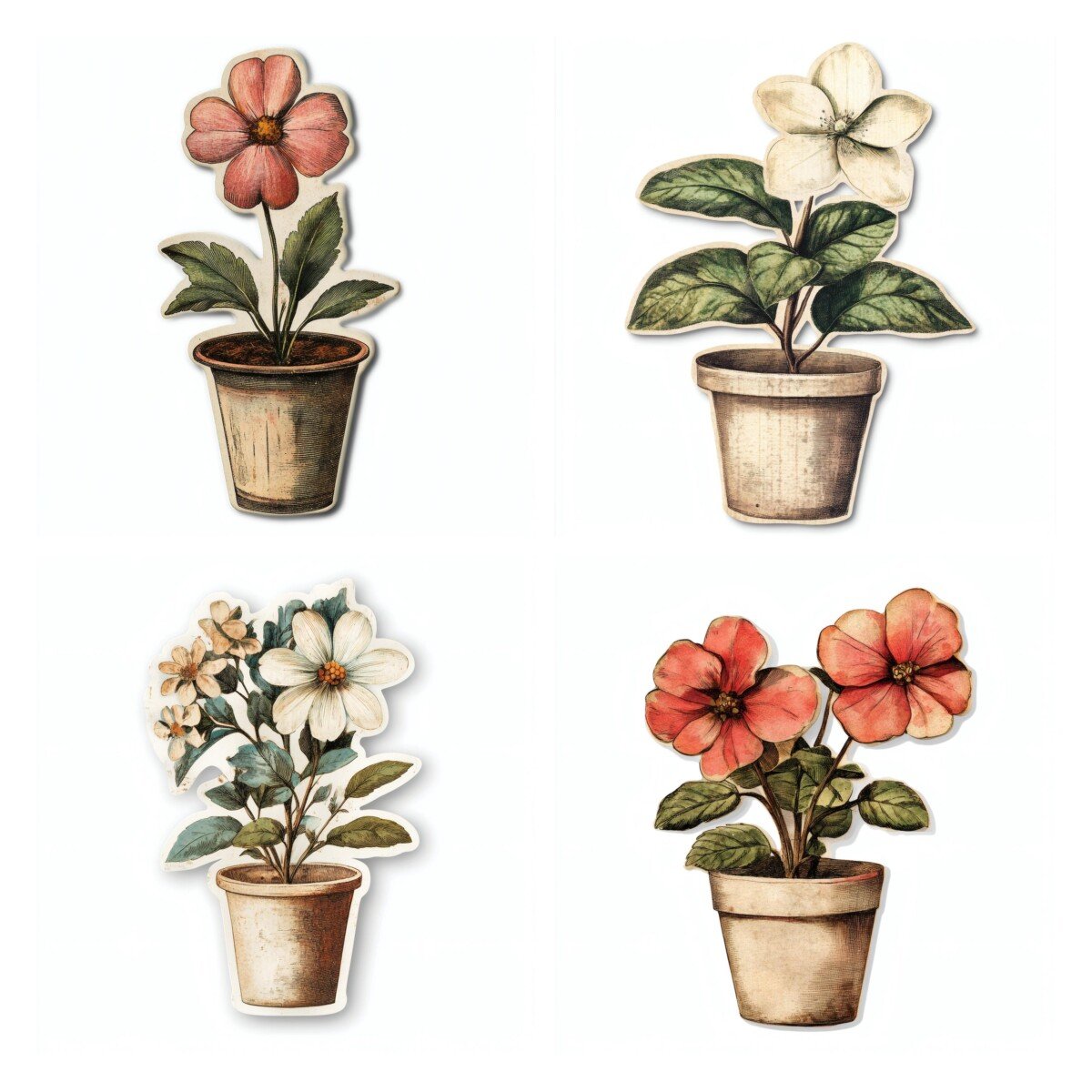 Vintage potted flower fussy cuts with pink, cream and coral blossoms
