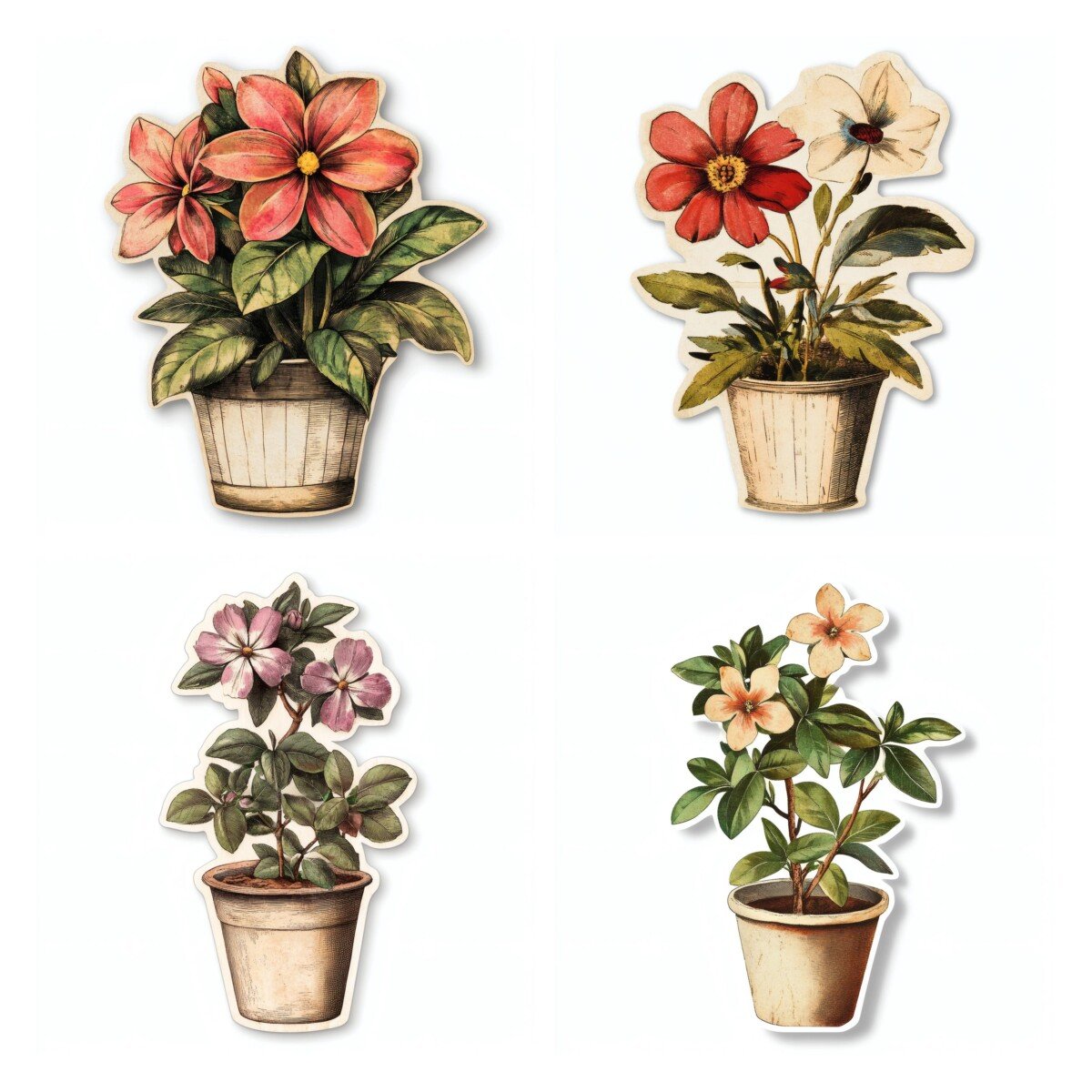 Potted floral designs with warm pink blossoms and vintage botanical shading