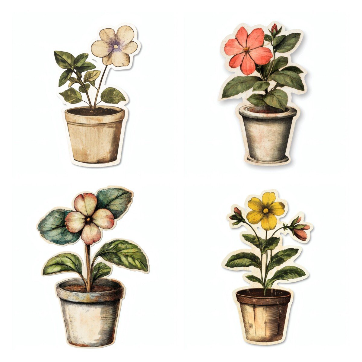 Four potted flower designs arranged on a white collage sheet