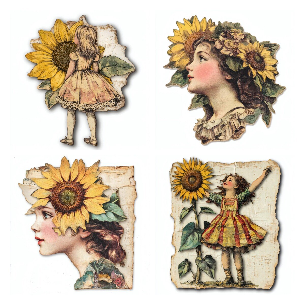 sunflower – 20 Sunflower Girl Whimsical Floral Character Ephemera Pack Cutouts