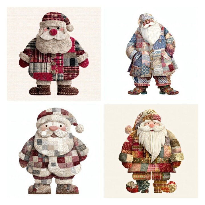 patchwork – 28 Patchwork Santa Quilted Christmas Fabric Clipart Cutouts