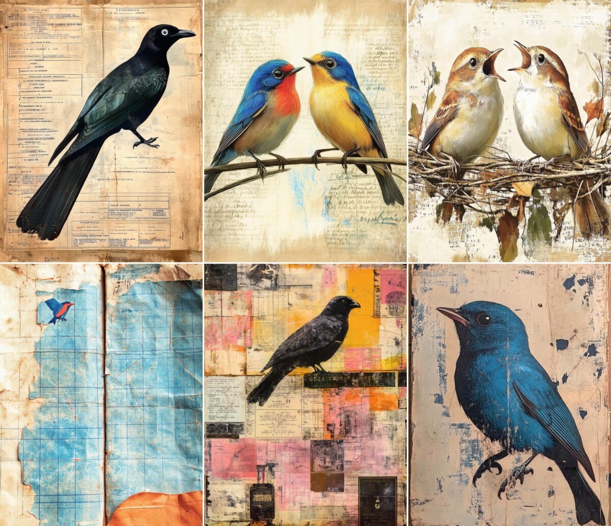 antique – 55 Antique Bird Sanctuary Record Background Junk Journal Pages