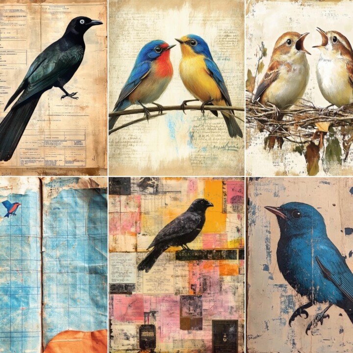 antique – 55 Antique Bird Sanctuary Record Background Junk Journal Pages