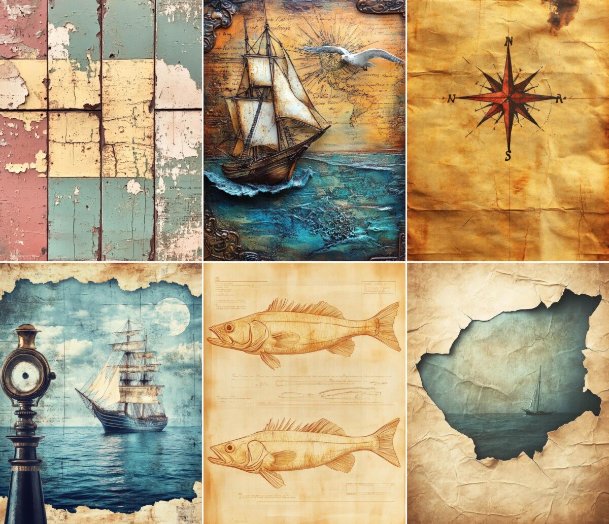 Vintage ocean digital paper with nautical illustrations and weathered textures