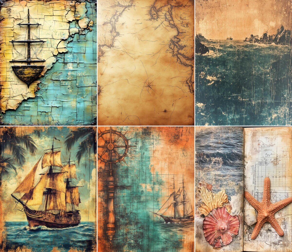 Vintage ocean digital paper with nautical illustrations and weathered textures