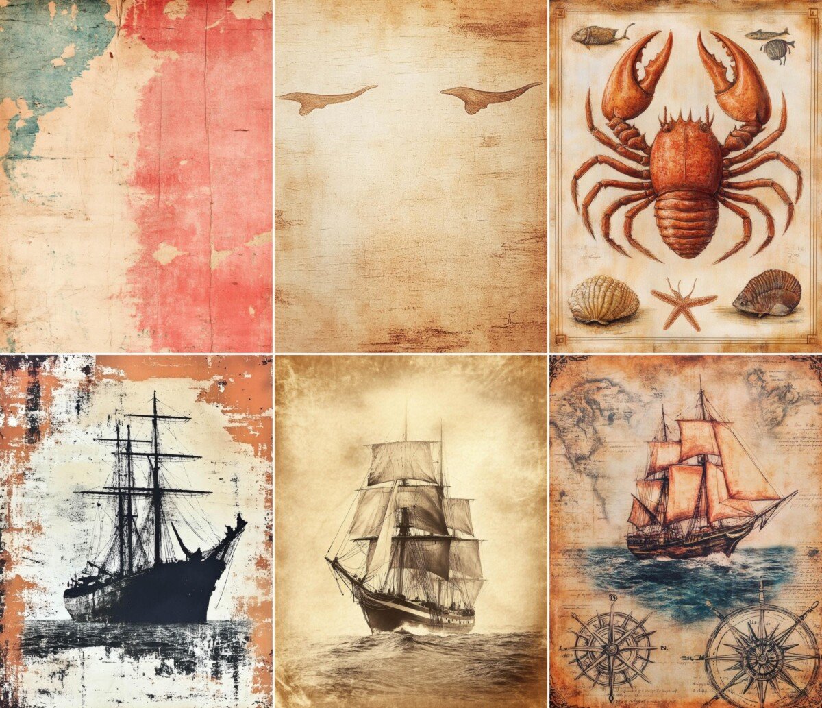 Vintage ocean digital paper with nautical illustrations and weathered textures