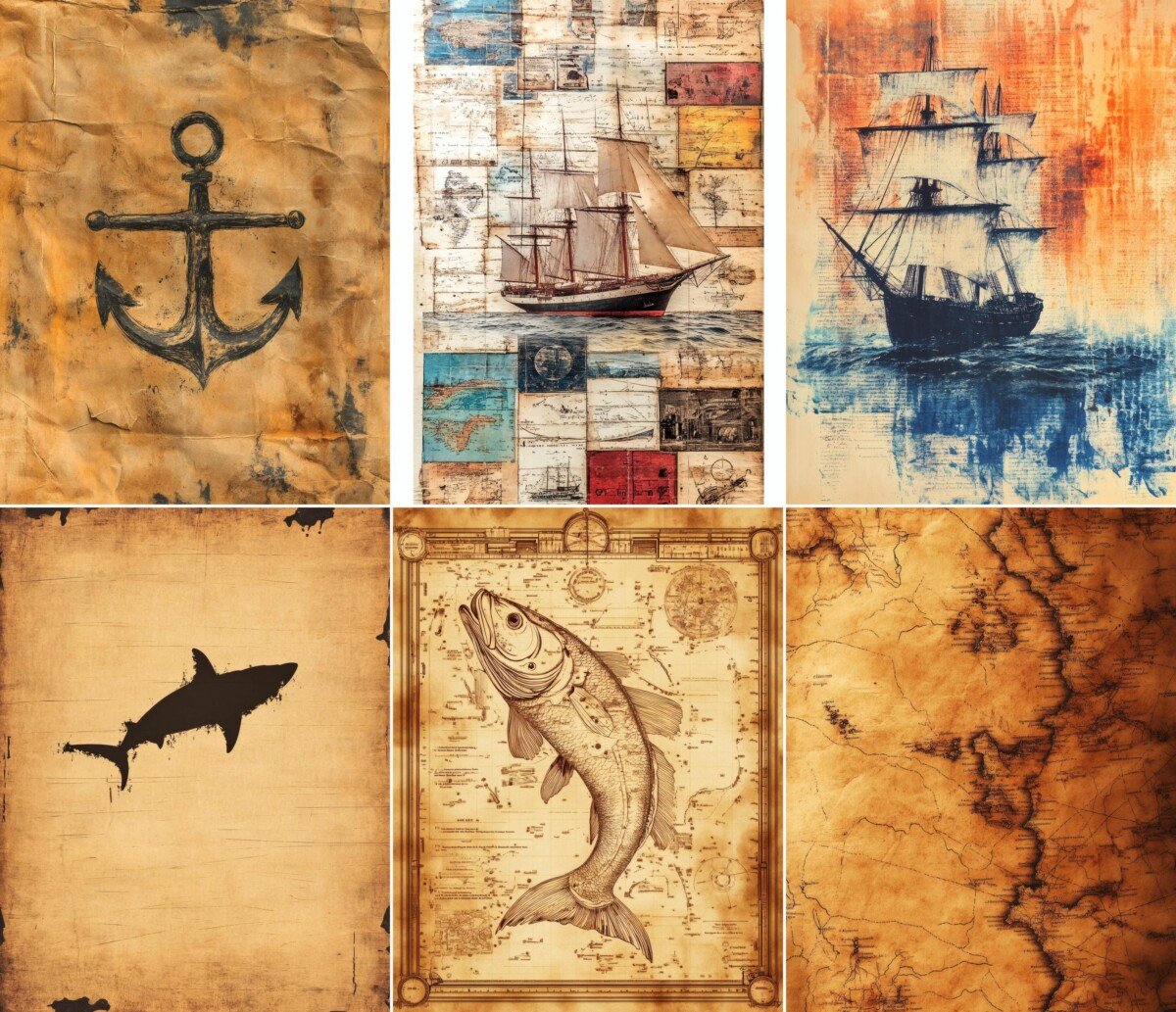 Vintage ocean digital paper with nautical illustrations and weathered textures
