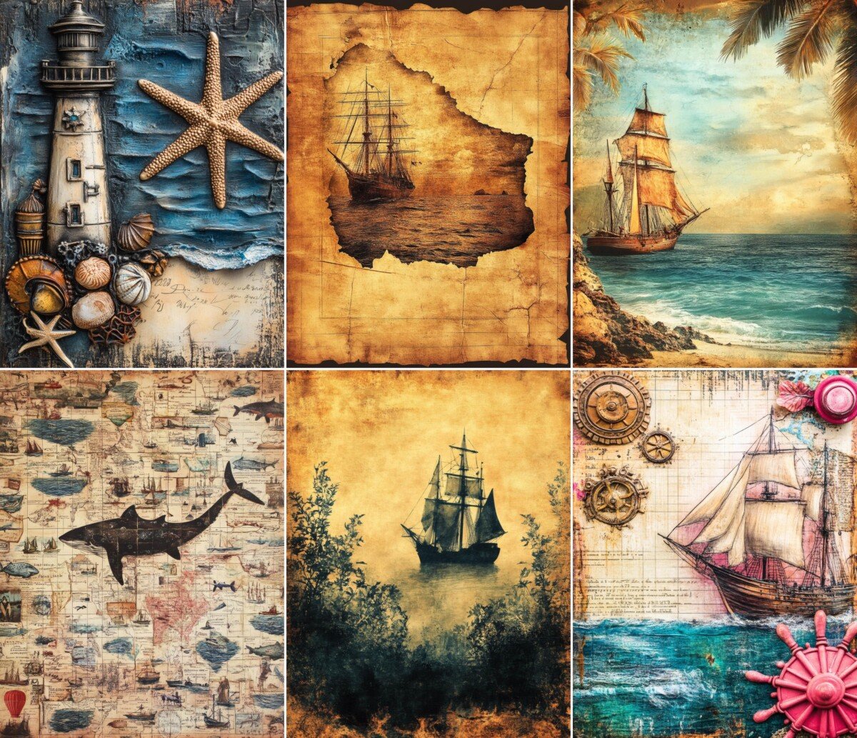 Nautical junk journal pages with vintage ships, compass motifs and distressed ocean backgrounds