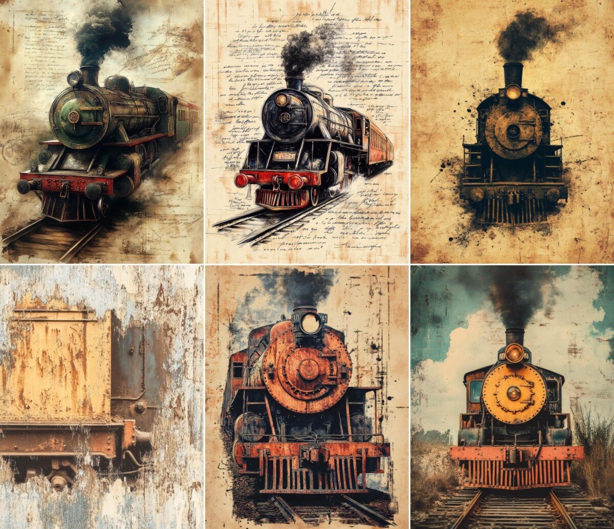antique – 56 Antique Steam Train Background Junk Journal Pages