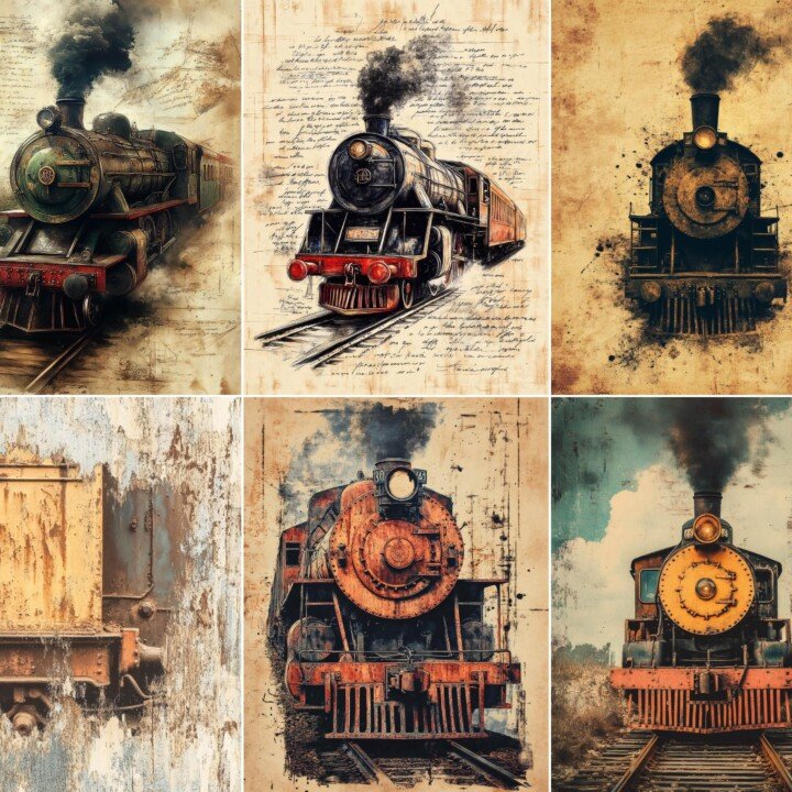 antique – 56 Antique Steam Train Background Junk Journal Pages