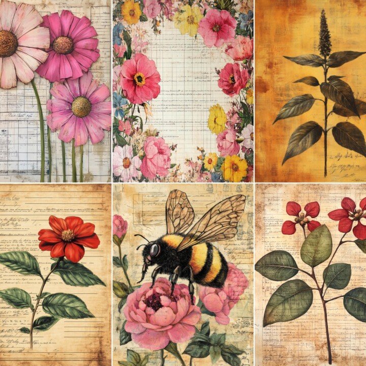 botanical – 56 Botanical Bluebirds Set 2 Junk Journal Pages