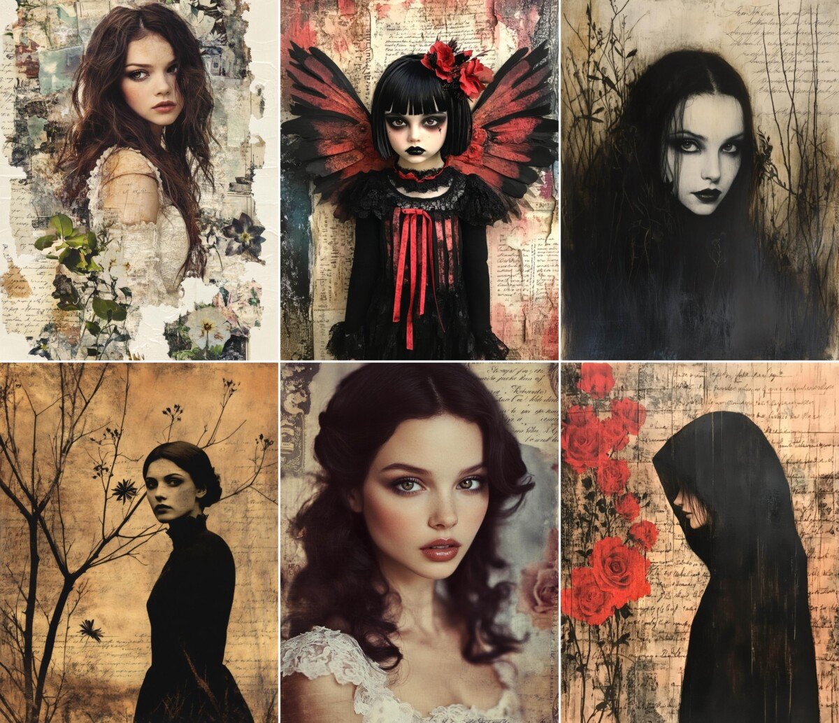 Fairy figures and dark-haired portraits layered with roses and antique paper
