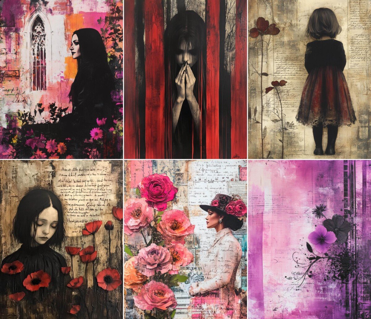 Gothic figures and floral collage pages in black, pink and muted tones