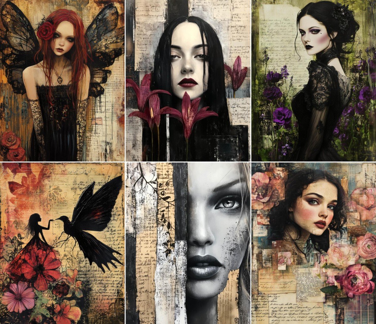 Gothic portrait collage pages with dark clothing and faded manuscript backgrounds