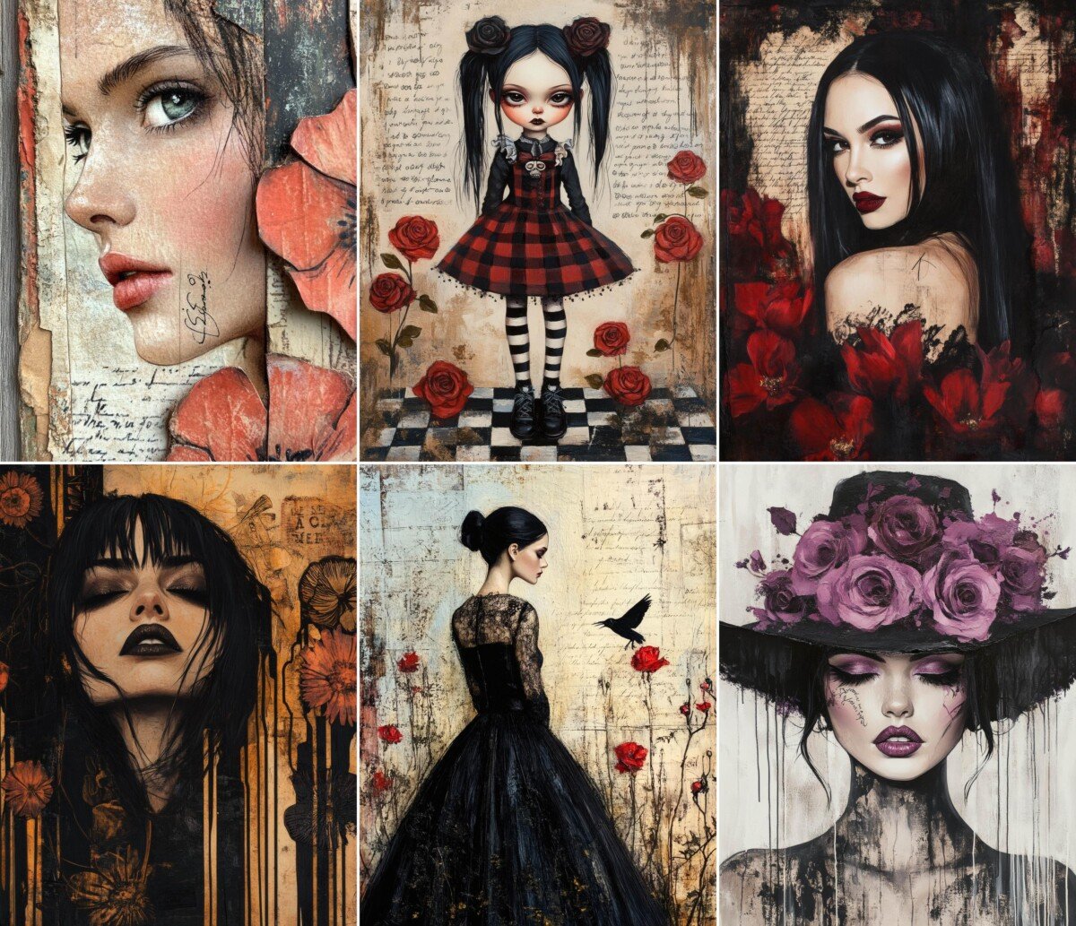 Gothic fairy and portrait junk journal pages with dark florals and vintage collage textures