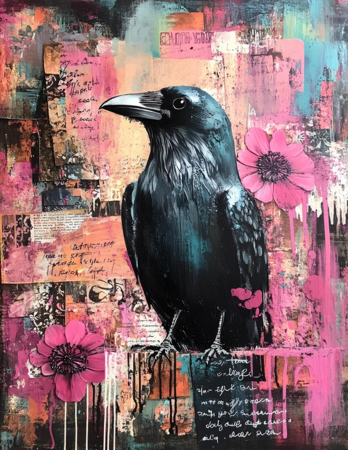 Raven illustrations on distressed floral journal paper, preview 9