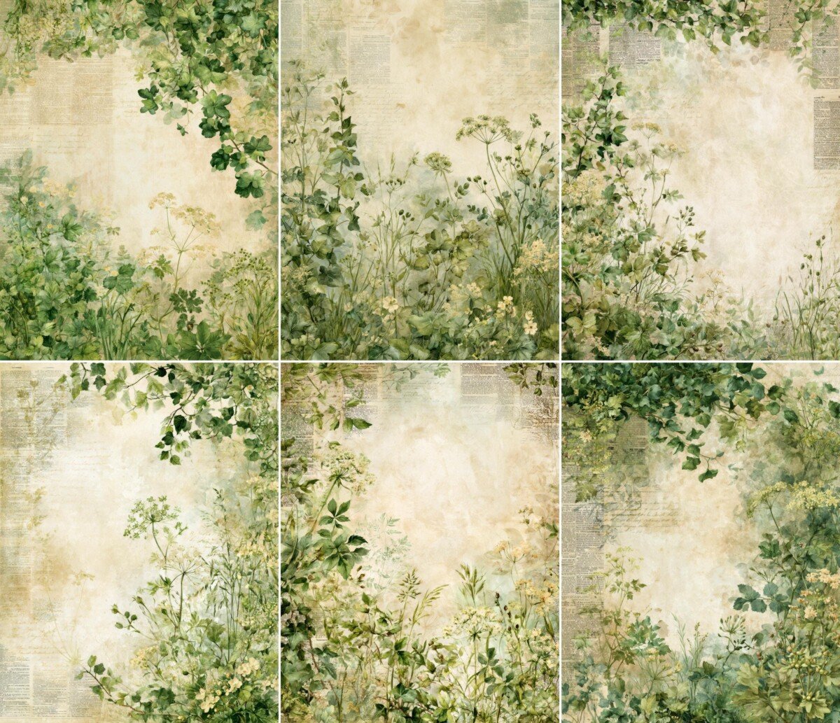 Woodland junk journal pages with leafy green borders and wildflowers