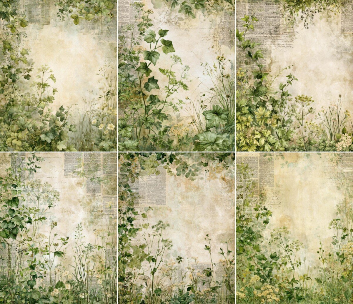 Soft woodland foliage and wildflowers around an aged cream journal background