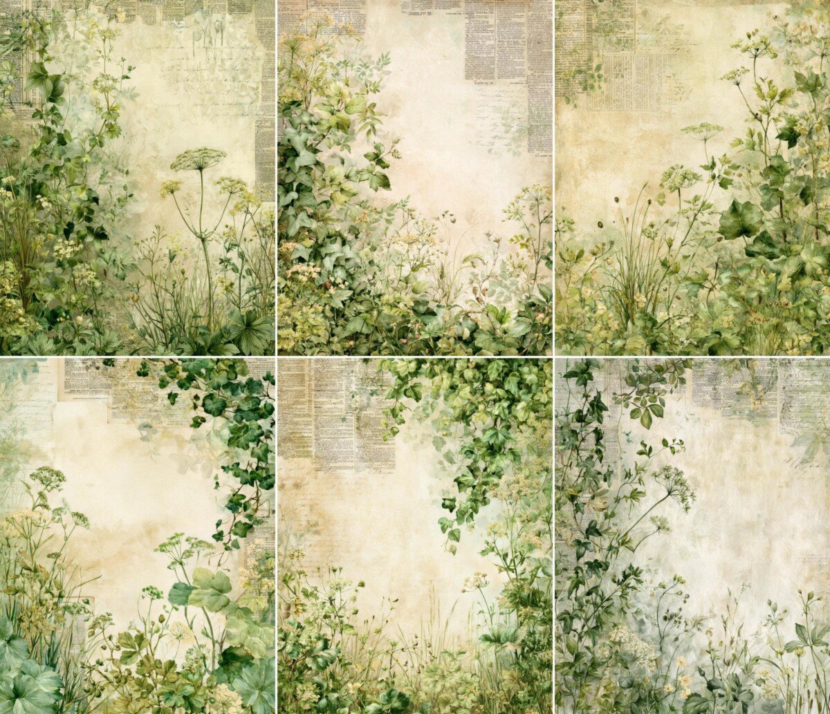 Soft woodland foliage and wildflowers around an aged cream journal background