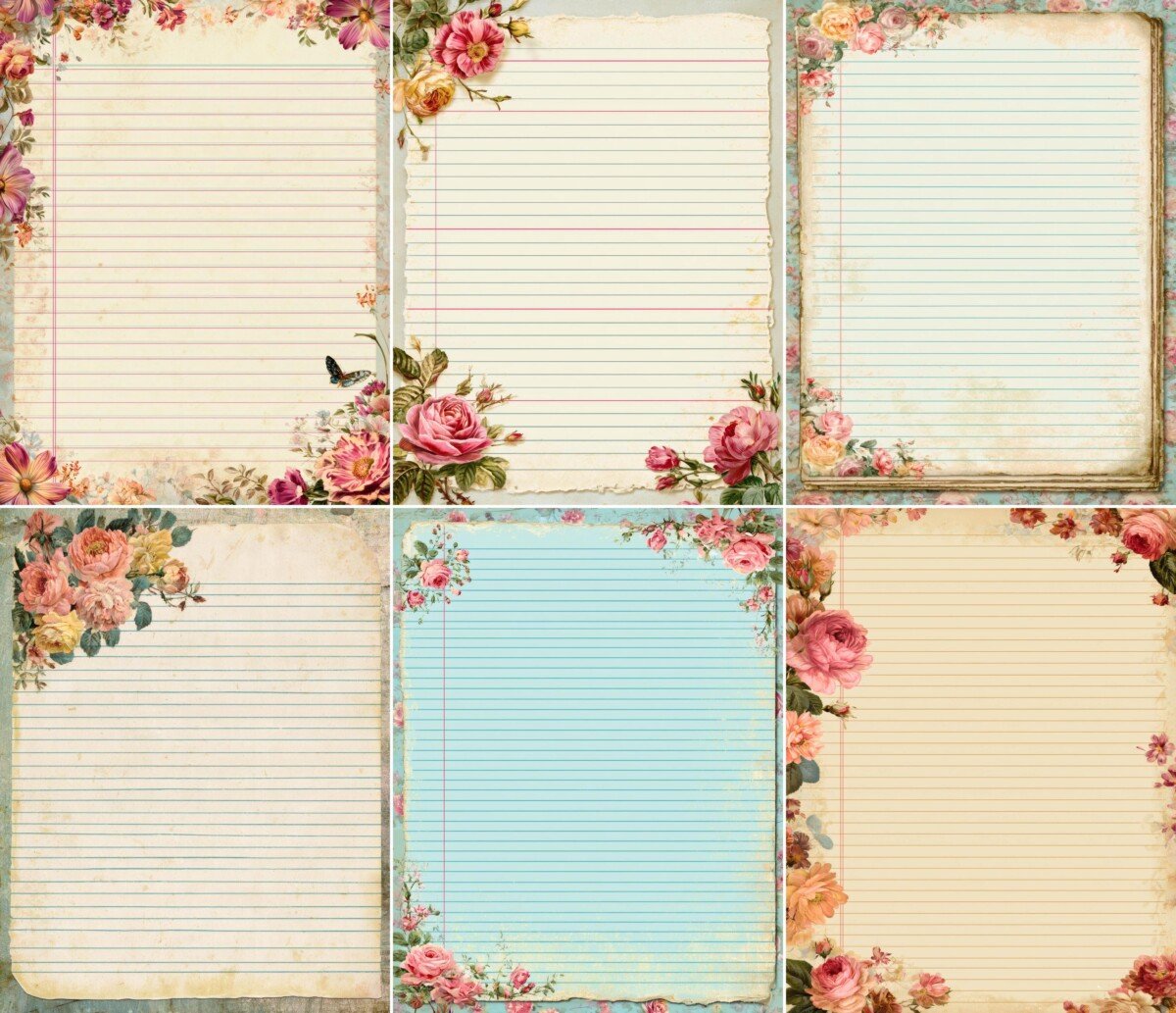 Vintage-style lined writing paper with floral accents, preview 7