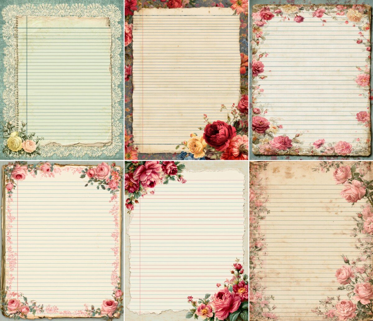 Vintage-style lined writing paper with floral accents, preview 10