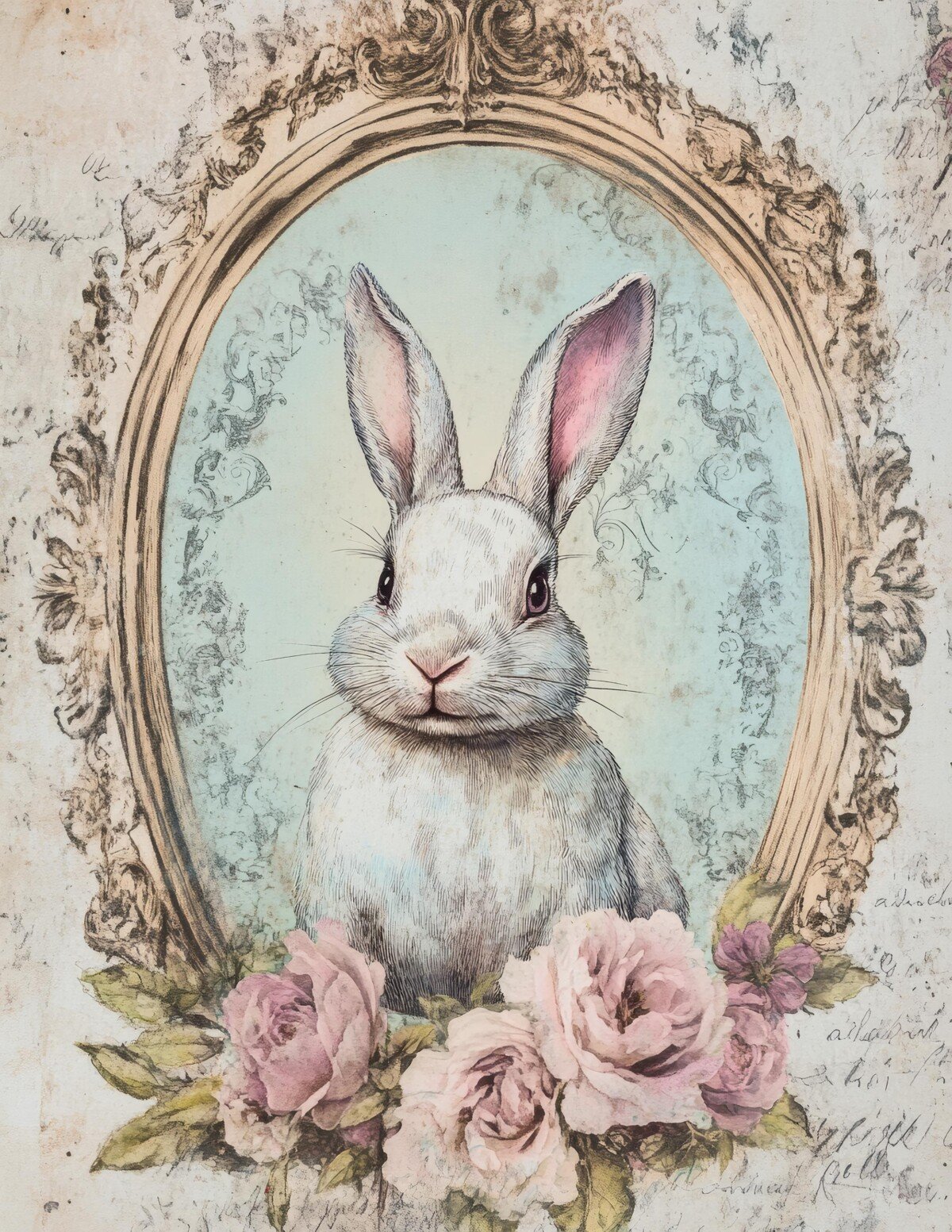 Vintage-style bunny portrait journal pages with floral frames, preview 10