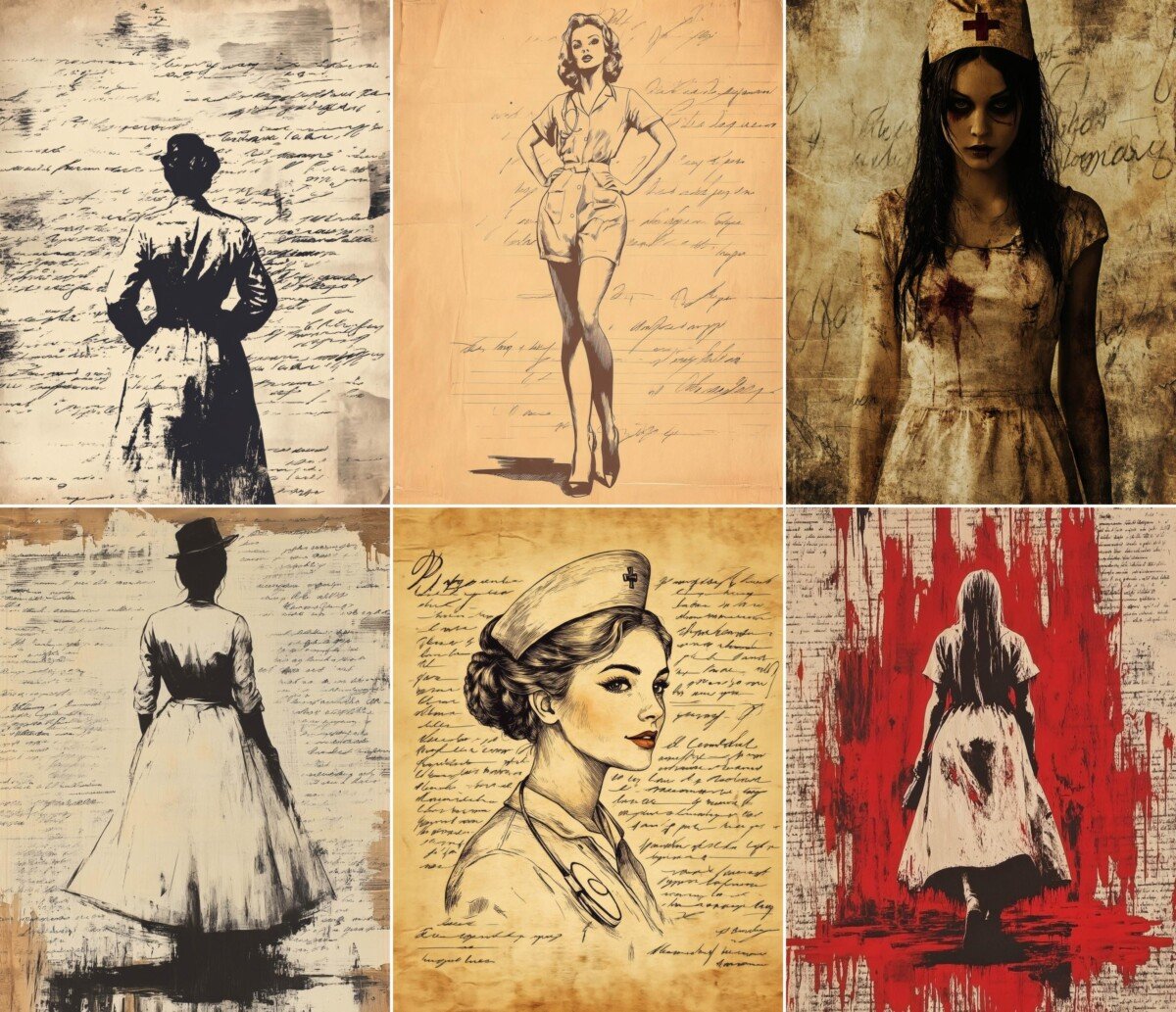Eerie nurse illustrations and silhouettes on aged journal paper
