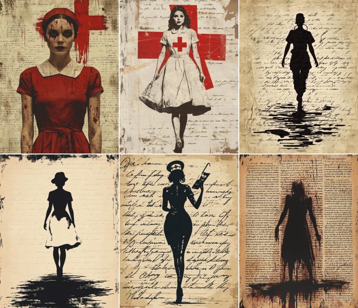 Eerie nurse illustrations and silhouettes on aged journal paper