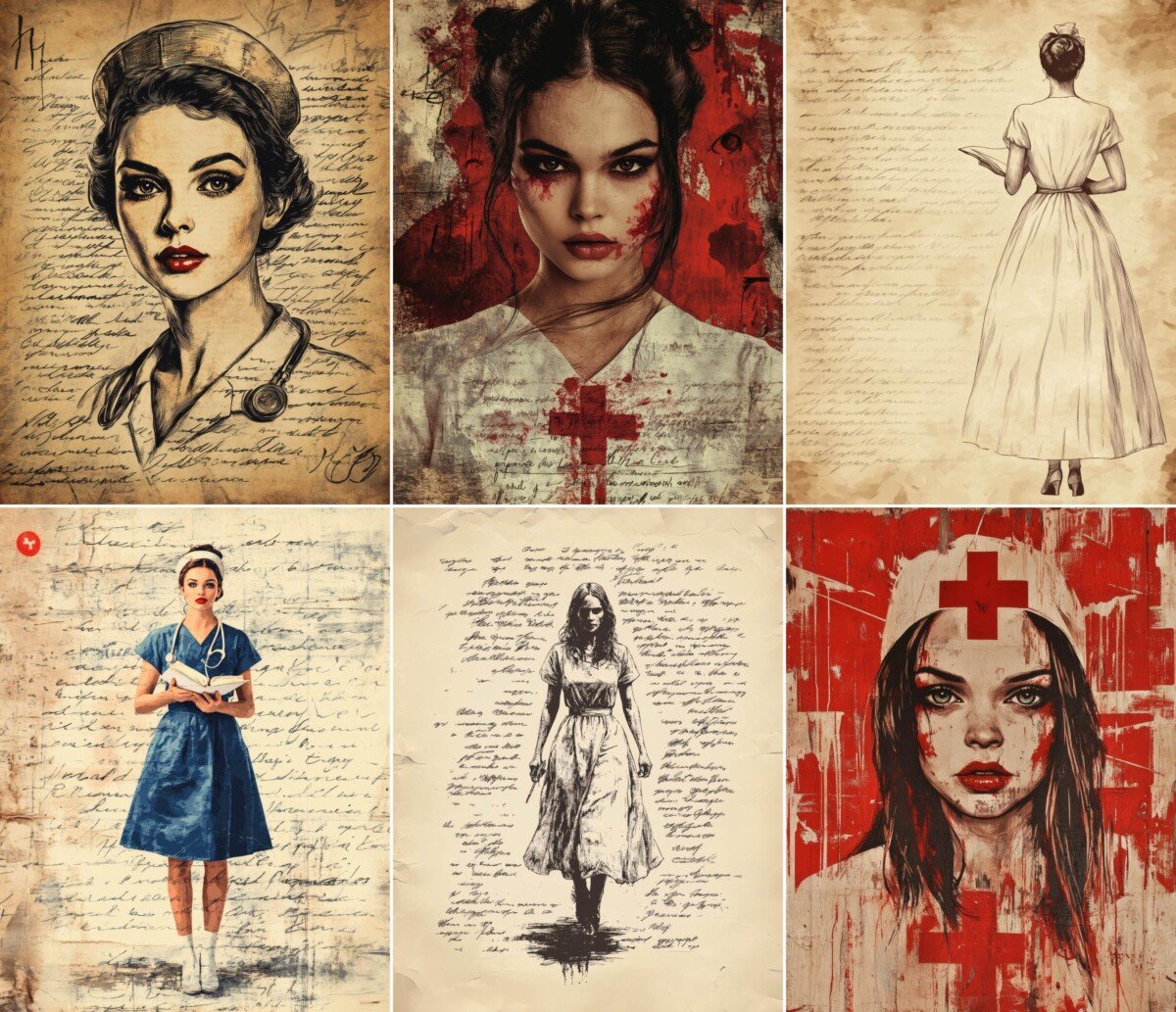 Eerie nurse illustrations and silhouettes on aged journal paper