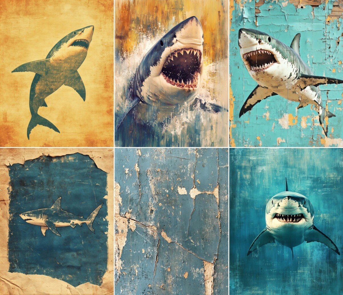 Shark junk journal pages with vintage marine illustrations and aged textures