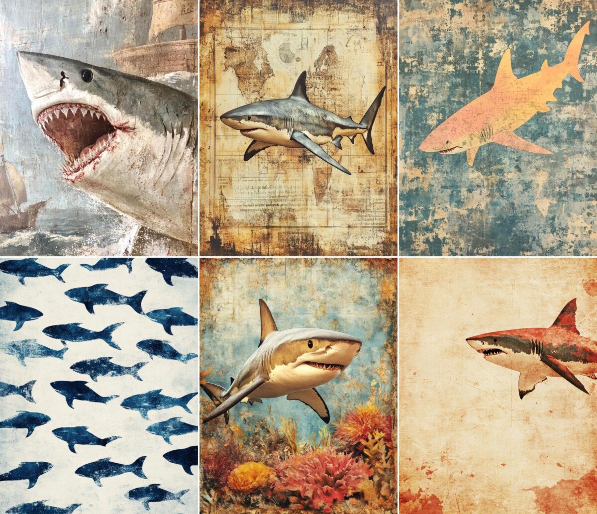 Shark digital paper with ocean colors and weathered backgrounds