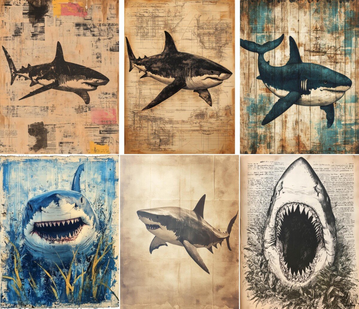 Shark artwork in teal, cream and aged brown collage backgrounds