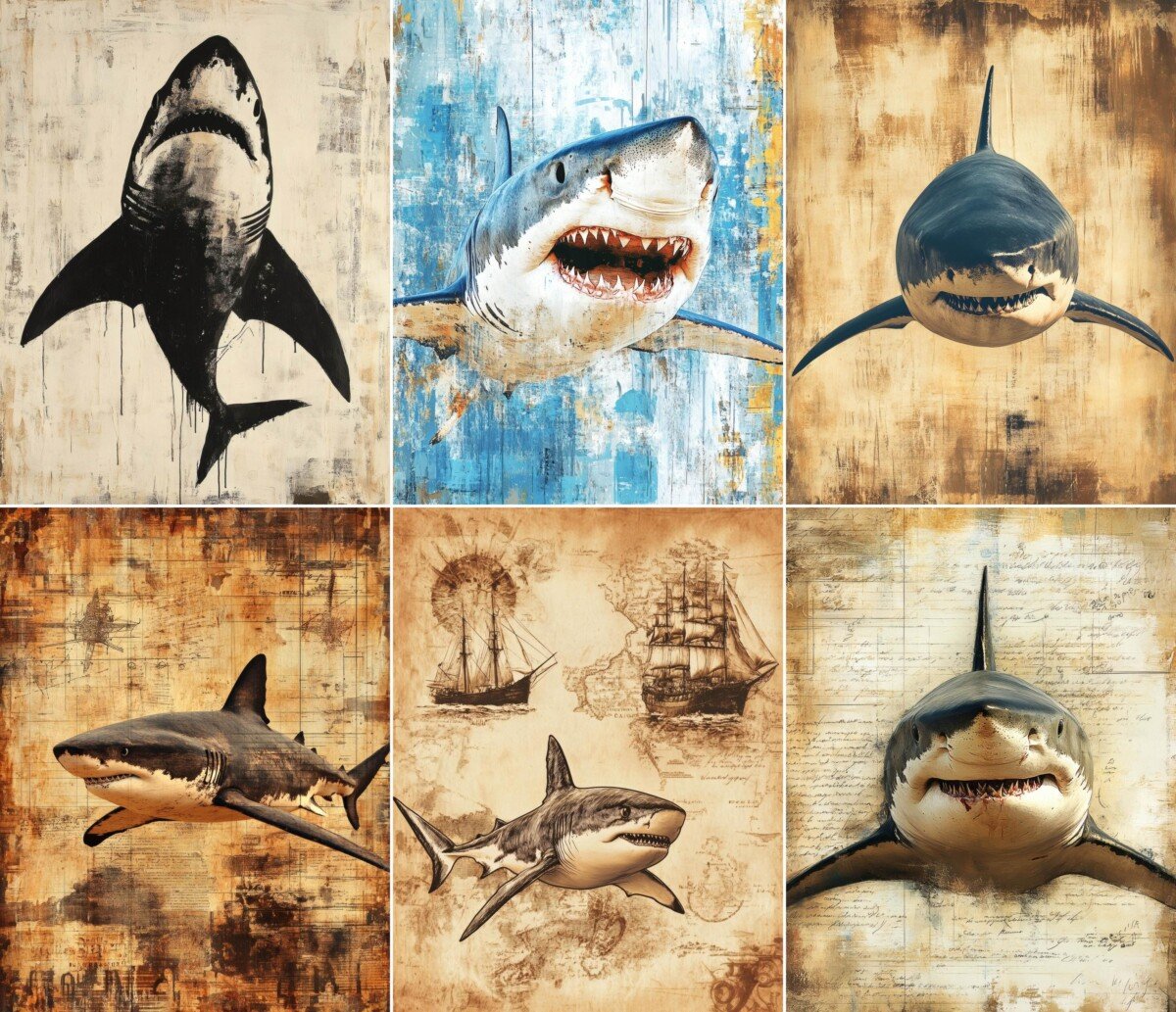 Decorative shark scrapbook paper with detailed marine artwork