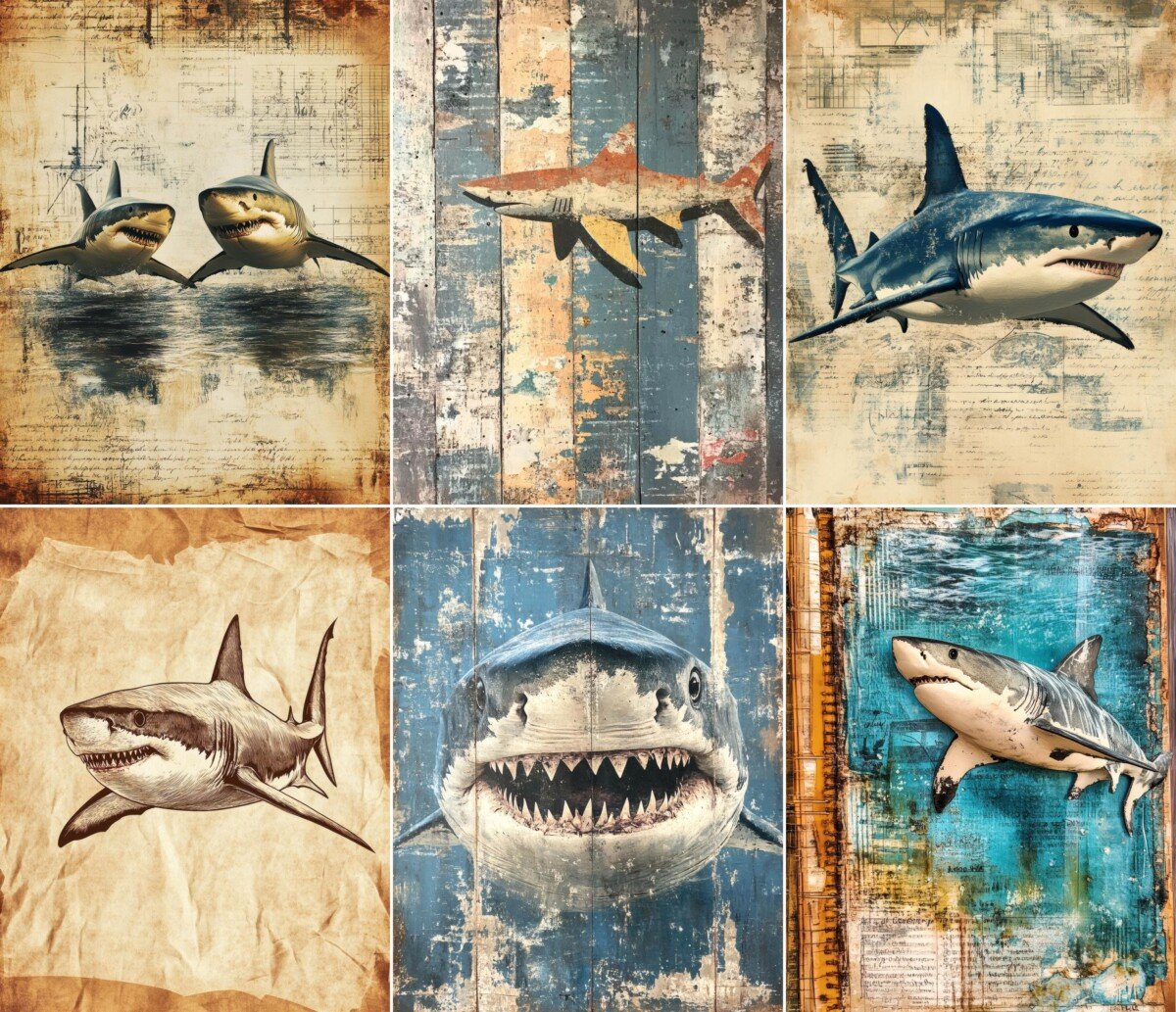 Vintage-style shark illustrations on layered marine paper