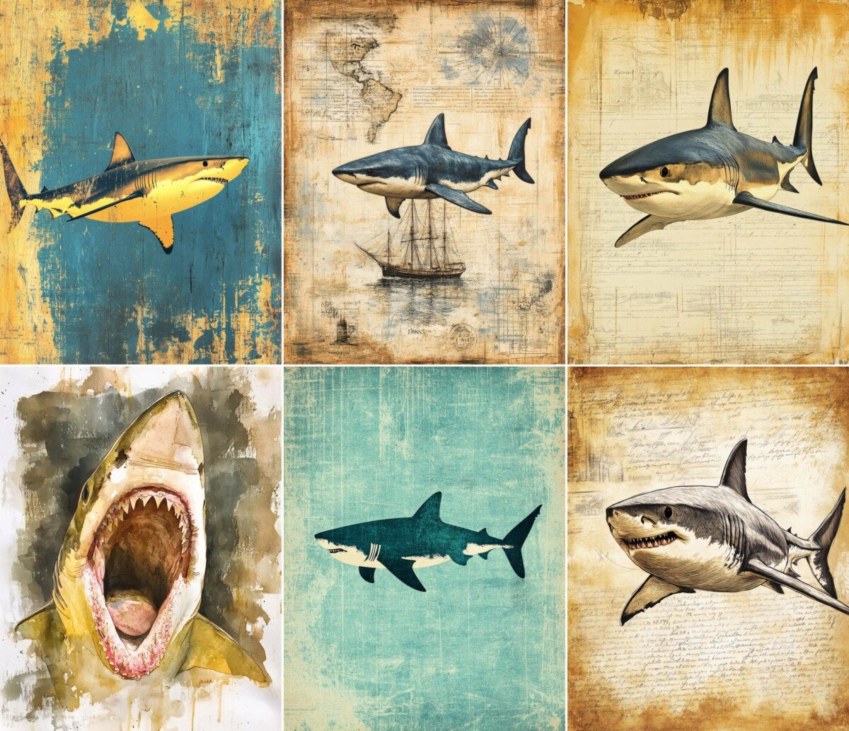 Marine shark illustrations with weathered paper and map details