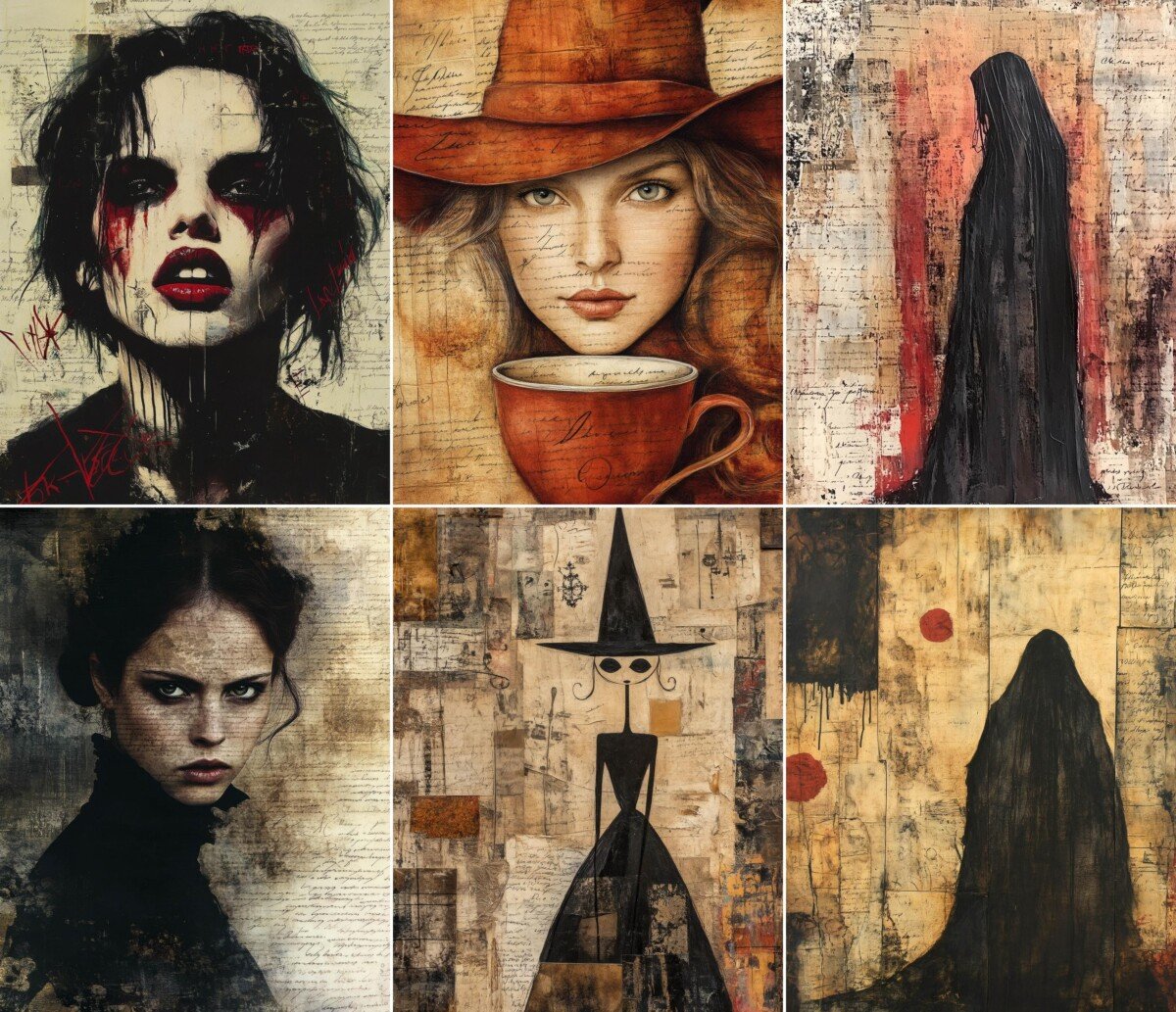 Gothic witch junk journal pages with dark portraits, silhouettes and distressed collage textures