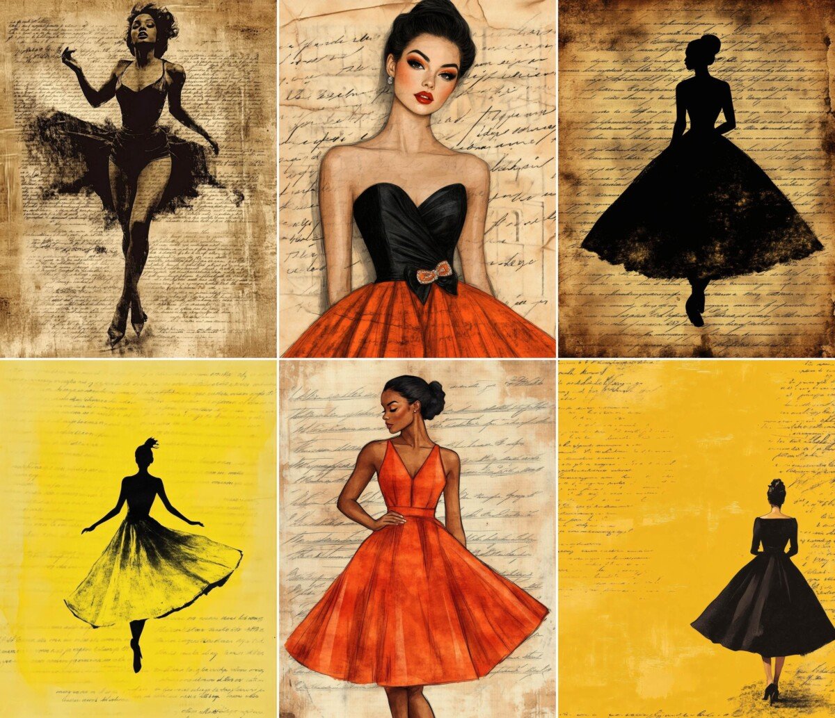 Vintage-style fashion illustrations on script collage backgrounds, preview 4