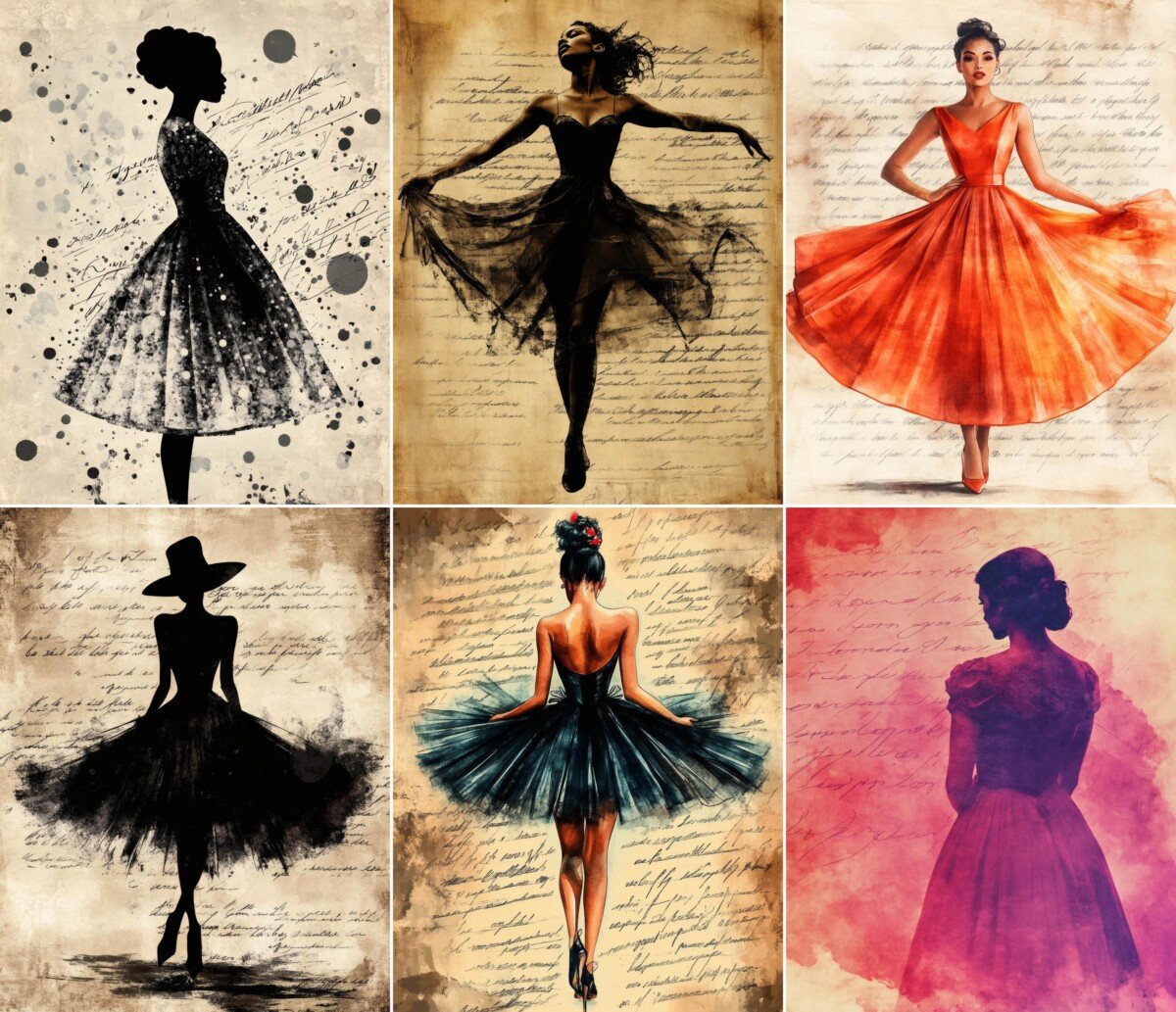 Vintage-style fashion illustrations on script collage backgrounds, preview 6