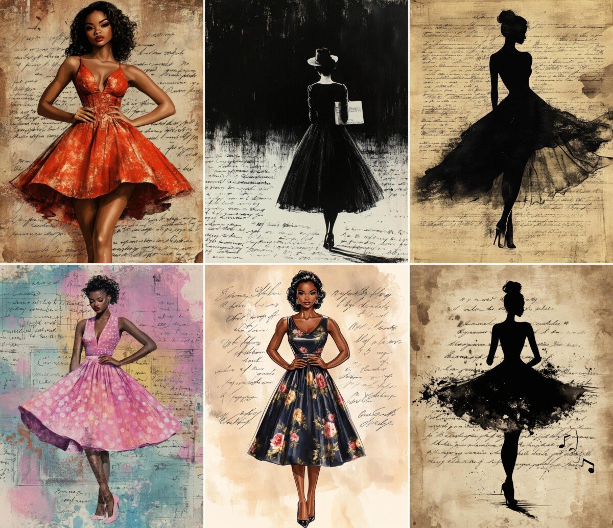 Vintage-style fashion illustrations on script collage backgrounds, preview 9