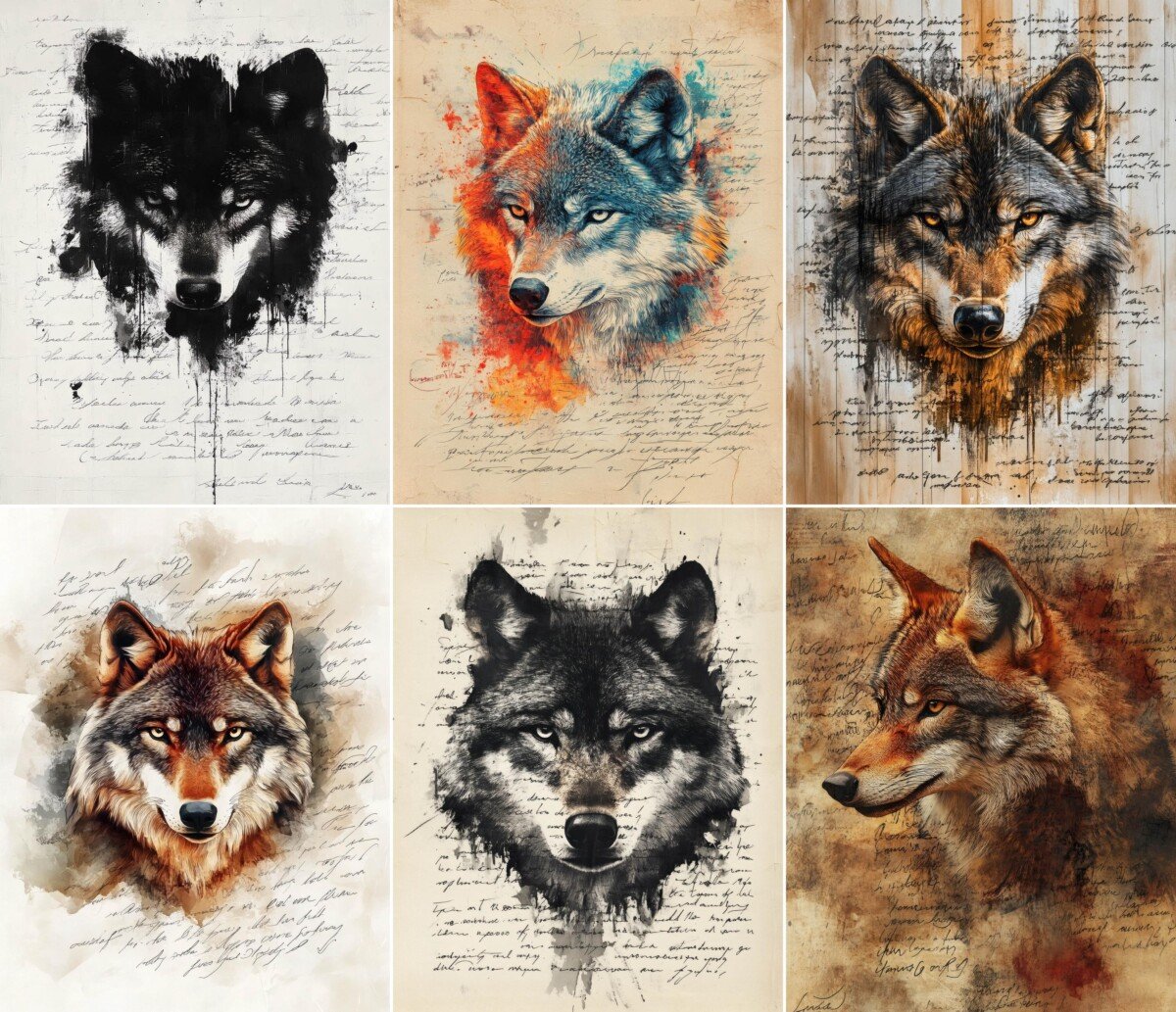 Wolf journal pages with expressive portraits and aged handwritten backgrounds
