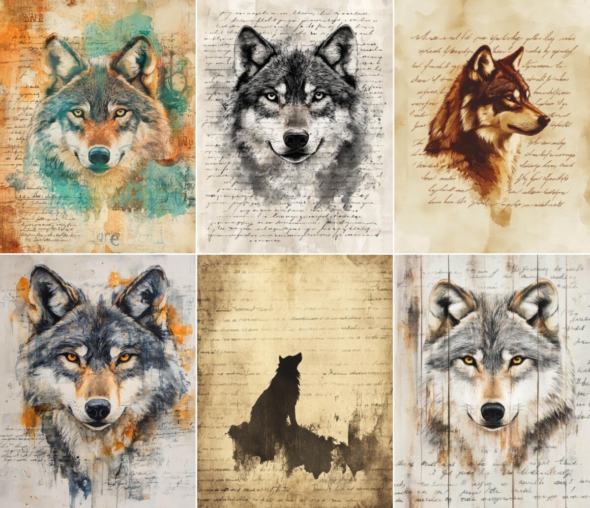 Wolf portrait digital paper with script and painted accents, preview 5