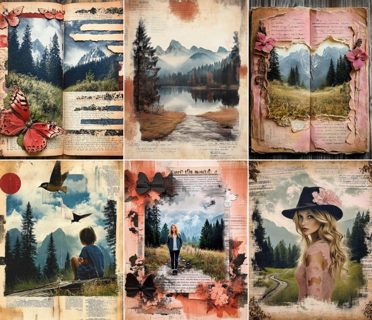 Nature collage journal pages with scenery and aged paper textures, preview 3