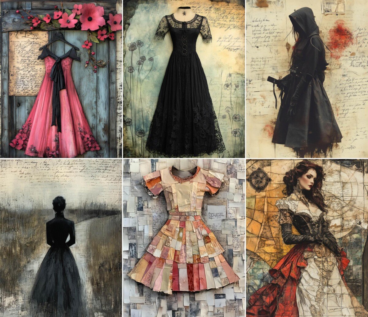 Gothic dress digital paper with fashion silhouettes and manuscript textures, preview 8
