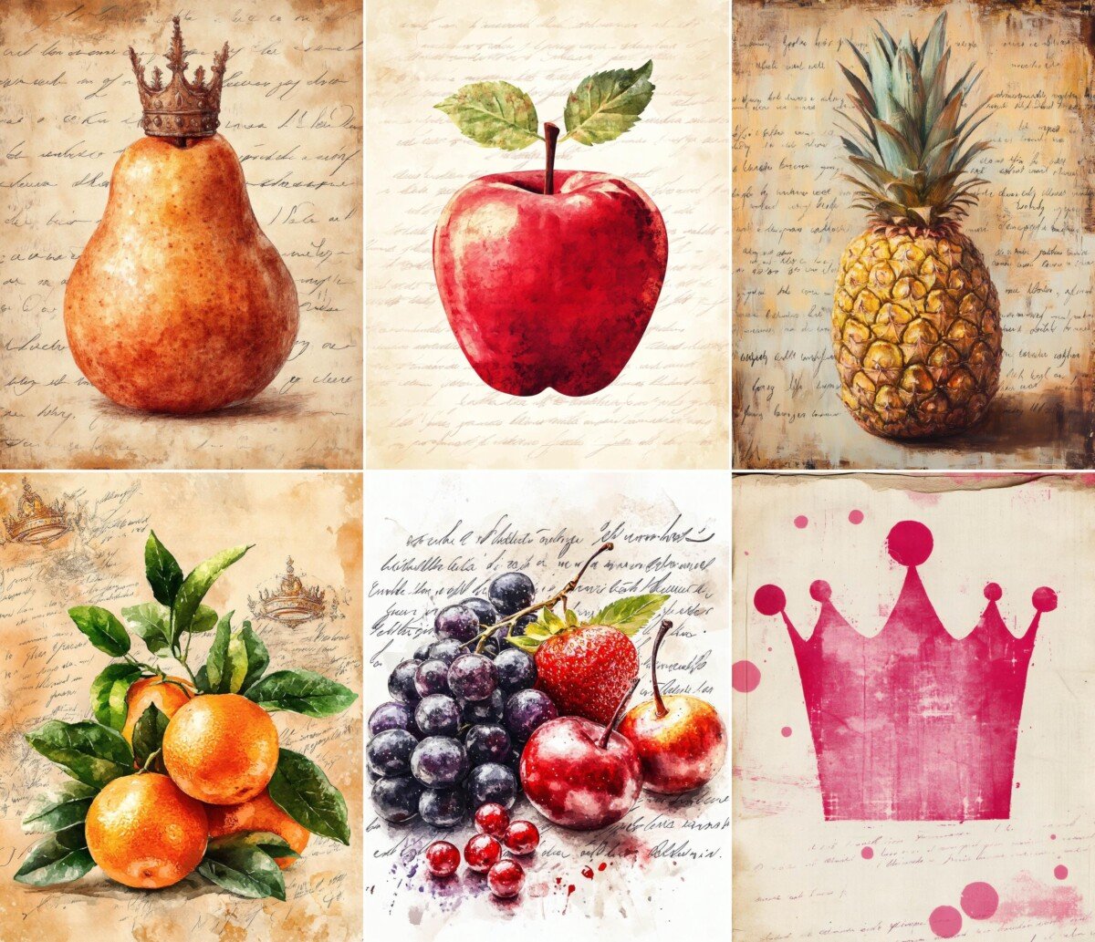 Watercolor fruit and crown-inspired digital paper on handwritten backgrounds