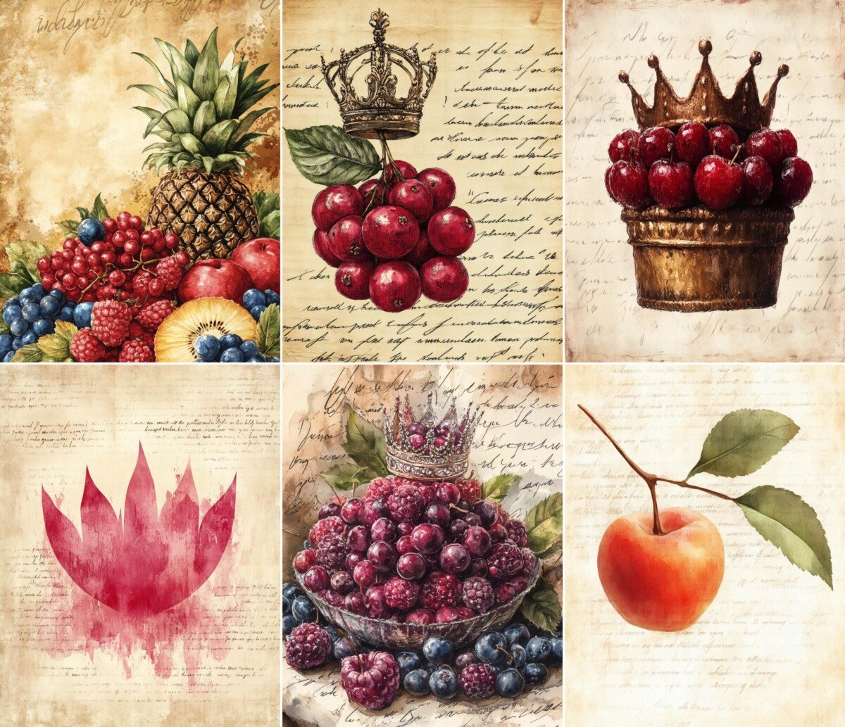 Watercolor fruit and crown-inspired digital paper on handwritten backgrounds